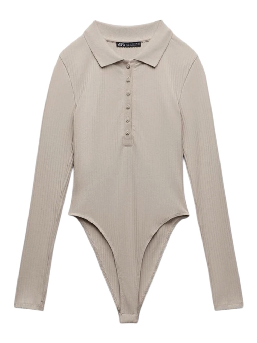 ZARA Beige Ribbed Long-Sleeve Polo Bodysuit